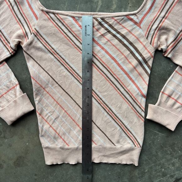 Guess Collection Long Sleeve Blouse Womens M Peach Brown Striped Square Neck Top - Picture 13 of 14